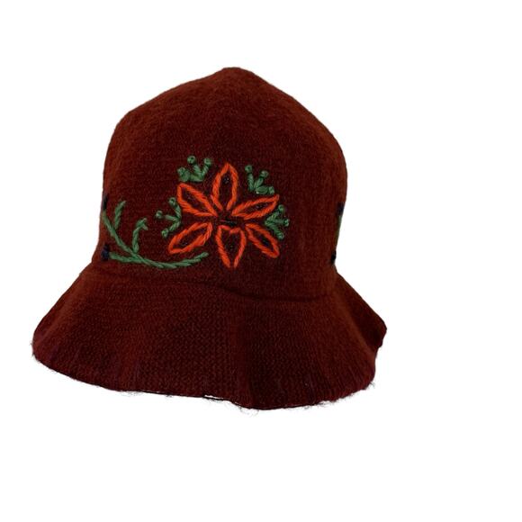 GAP Maroon Burgundy  Embroidered Floral Wool Blend Bucket Hat Y2K Vintage - Picture 2 of 9